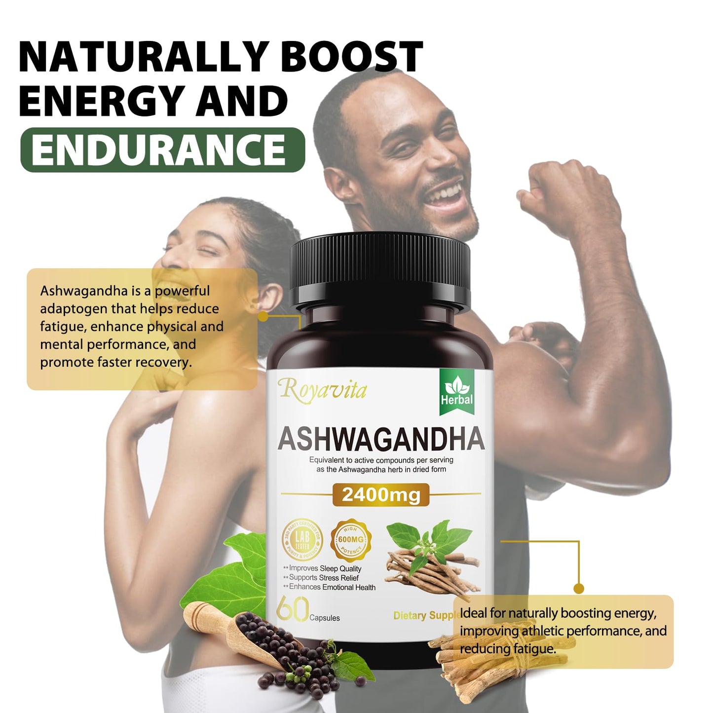 Royavita Ashwagandha Supplements 2400mg Organic with Black Pepper Vitamin B12 & B6 for Max Absorption Stress Relief Athletic