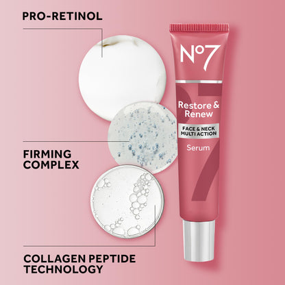 No7 Restore & Renew Multi Action Serum for Face & Neck - Anti Aging Serum for Neck Firming and Tightening - Infused with Hydrating Collagen Peptides