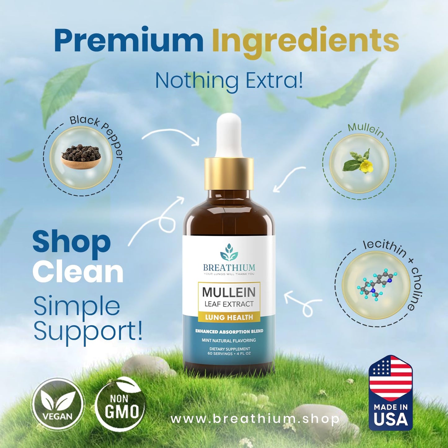 BREATHIUM 4-in-1 Mullein Drops for Lungs & Gut Health – Liposomal Mullein Leaf Extract, Made in USA, Natural Lung Detox for Smokers + Immune, Digestive