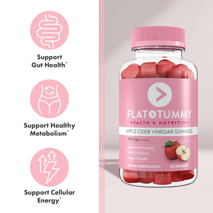 Flat Tummy Apple Cider Vinegar Gummies, 60 Count – ACV Gummies, Detox, Support Gut Health – Vegan-Friendly, Non-GMO - Beet and Pomegranate