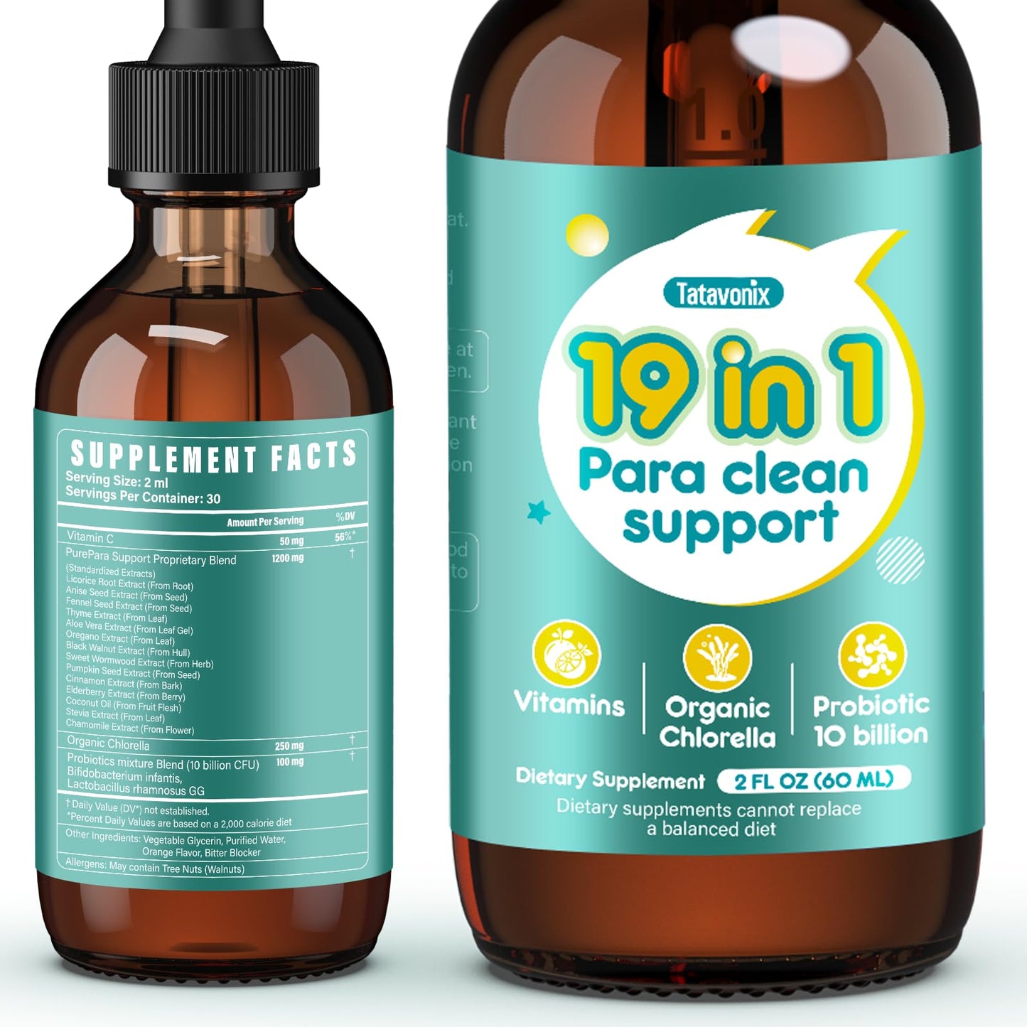 Tatavonix 19 in 1 Herbal Gut Cleanse Drops – Wormwood, Black Walnut, Chlorella 250mg, 10B Probiotics, Clove & Oregano