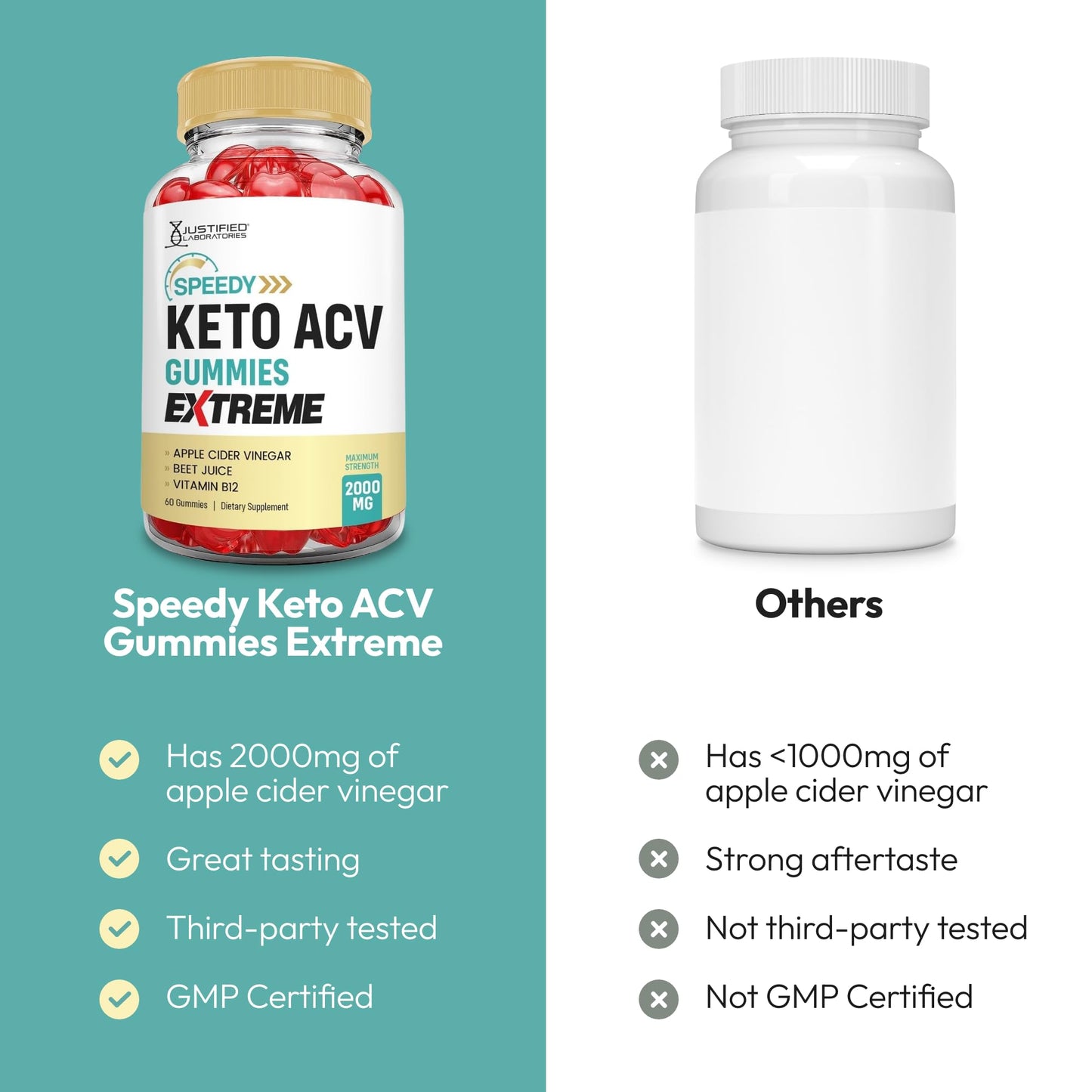 Justified Laboratories Speedy Keto ACV Gummies Extreme (2000 mg) - 60 Count - Formulated with Apple Cider Vinegar, Folate & Vitamin B12 - Non-GMO, Vegan, Gluten Free - 30 Servings