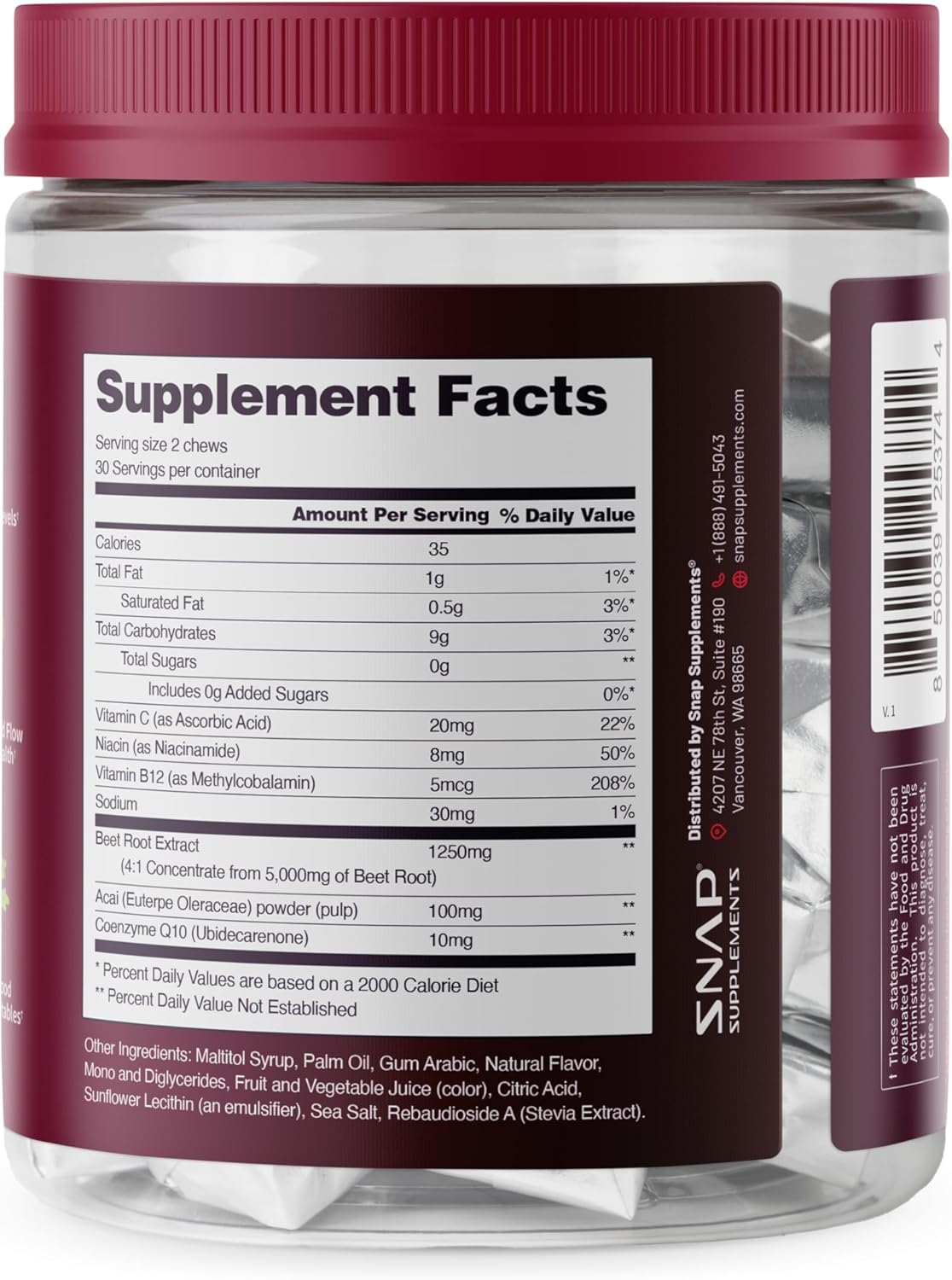 Snap Supplements Heart Beets Beet Root Soft Chews, Cardiovascular Support Supplement for Men & Women, CoQ10 & Acai, Energy & Circulation Support,