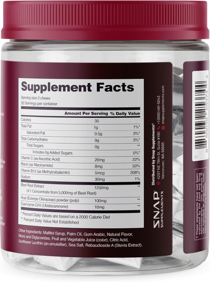 Snap Supplements Heart Beets Beet Root Soft Chews, Cardiovascular Support Supplement for Men & Women, CoQ10 & Acai, Energy & Circulation Support,