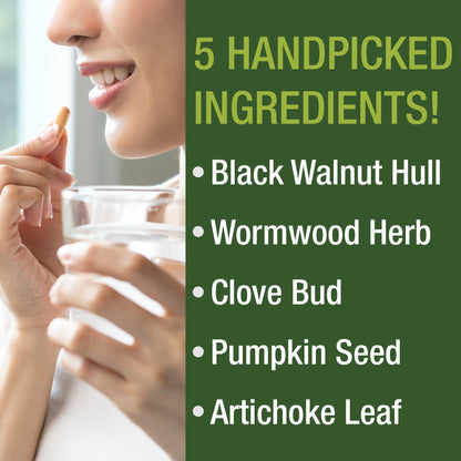 Wormwood Black Walnut Clove Cleanse for Humans. Elimination Detox + Intestinal Support Capsules Supplement for Adults and Kids. Pills with Artichoke