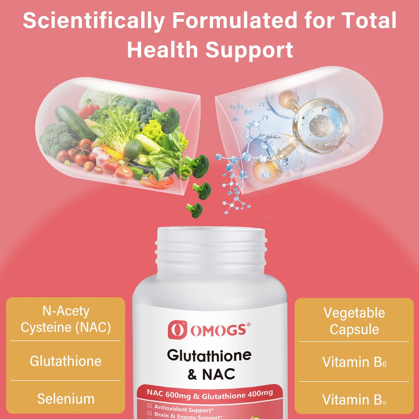 OMOGS Glutathione & NAC Supplement, with vtamin B & Selenium, Supports Liver Health, Cellular, Antioxidant, Energy Production & Immune