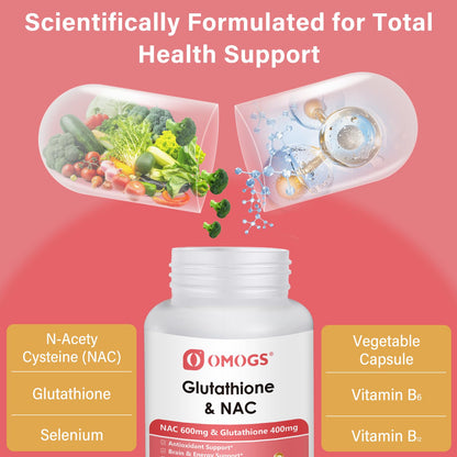 OMOGS Glutathione & NAC Supplement, with vtamin B & Selenium, Supports Liver Health, Cellular, Antioxidant, Energy Production & Immune