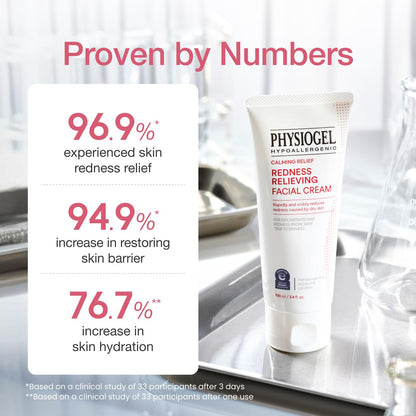 PHYSIOGEL Calming Relief Redness Relieving Facial Cream, Soothing Face Moisturizer with Squalane, For Dry, Irritated & Redness-Prone Skin, 3.4 fl. oz.