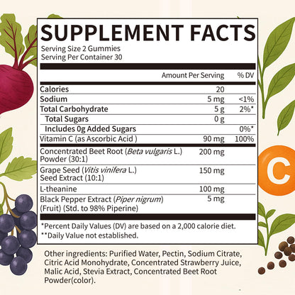 Beet Root Gummies – Blood Pressure & Cardiovascular Support, Beetroot Gummies for Heart Health & Circulation, Nitric Oxide Beets with Grape Seed & L-Theanine