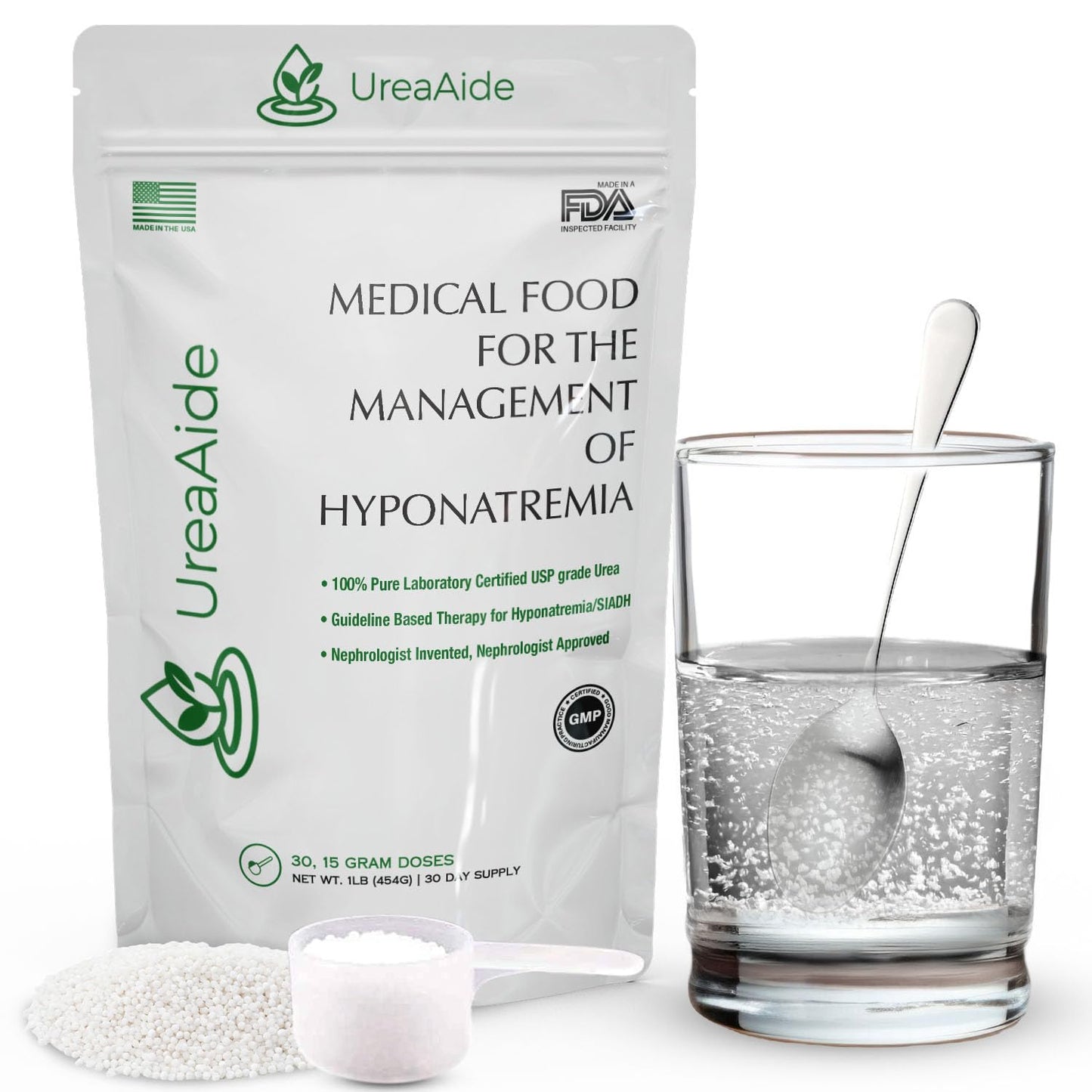UreaAide Unflavored Urea Powder for Low Sodium 30 Servings Oral Urea Powder for Hyponatremia-Single Ingredient 100% Medical Grade Urea with 15 gram Dose Scoop