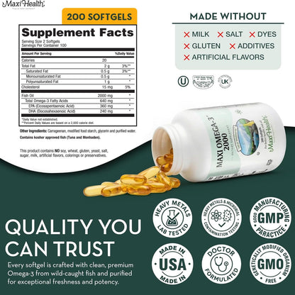 Omega 3 Supplement - Omega-3 Fish Oil 2000mg - Natural Source of EPA & DHA - Heart, & Joint Health - Kosher Certified Wild Caught Marine Fish