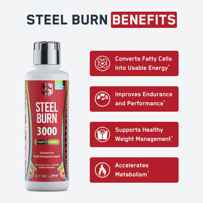SteelFit Steel Burn, Premium Liquid L-Carnitine, 3000mg - Stimulant-Free & Clean Workout Drink for Men & Women Supports Healthy Weight Loss Management