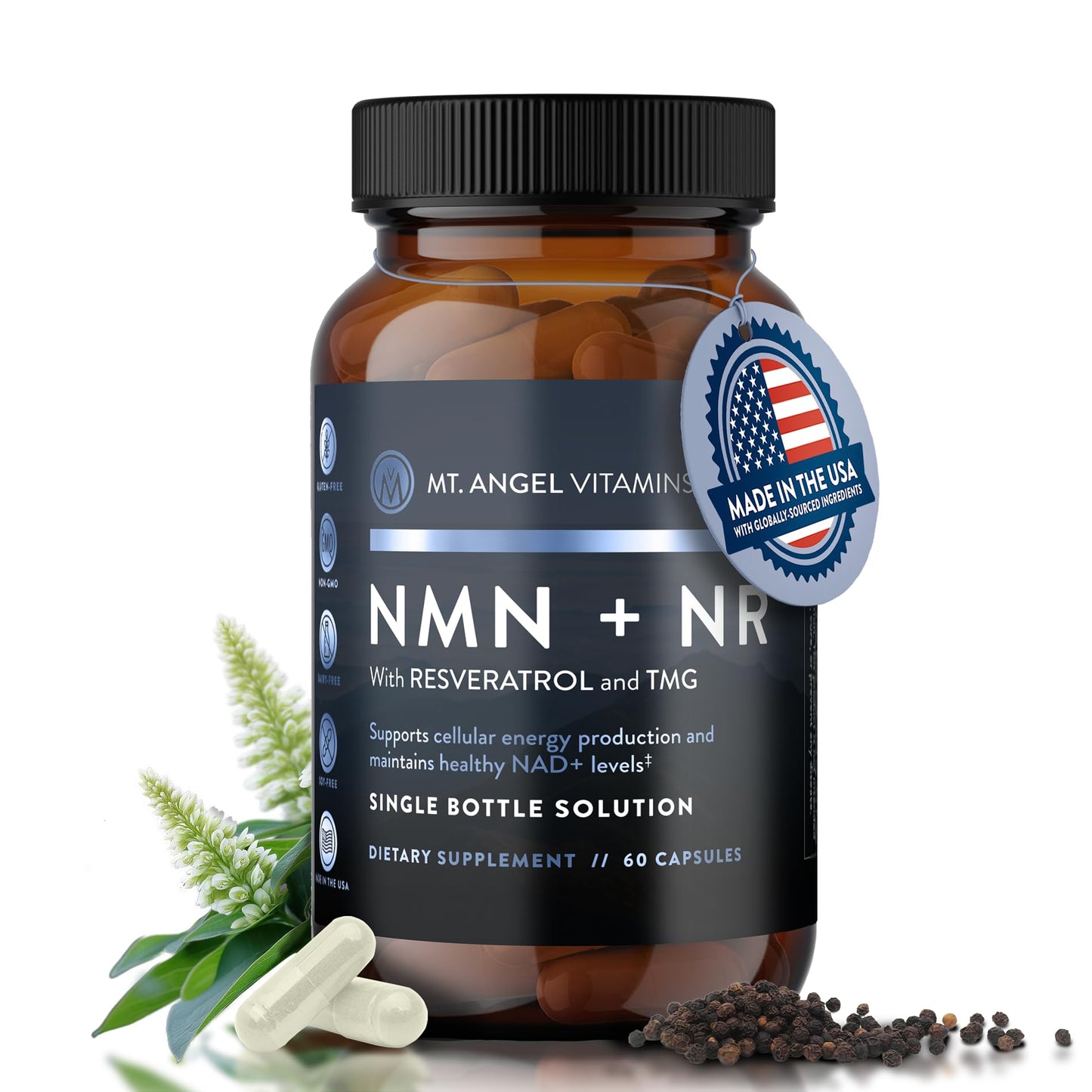 Mt. Angel Vitamins NMN Supplement + NR with Resveratrol & TMG, Dual NAD+ Precursors for Cellular Energy & Healthy Aging, 60 Capsules