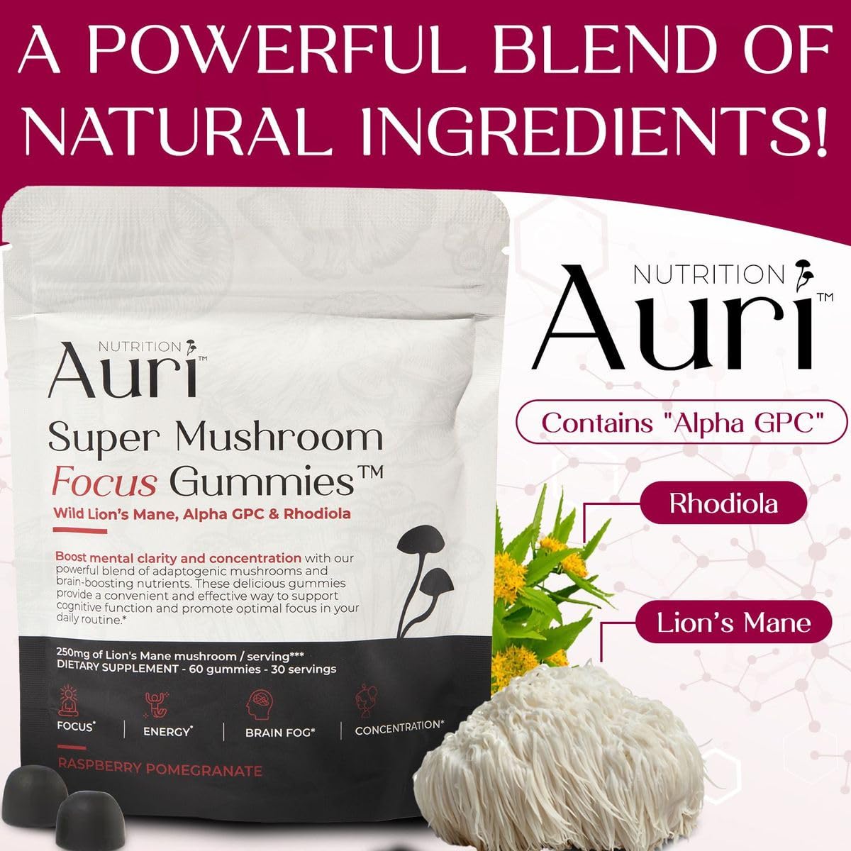 Auri Nutrition Super Mushroom Focus Gummies w/Lion's Mane, Alpha GPC & Rhodiola – Mushroom Supplement to Support Cognitive Function, Mental Clarity, Focus & Energy