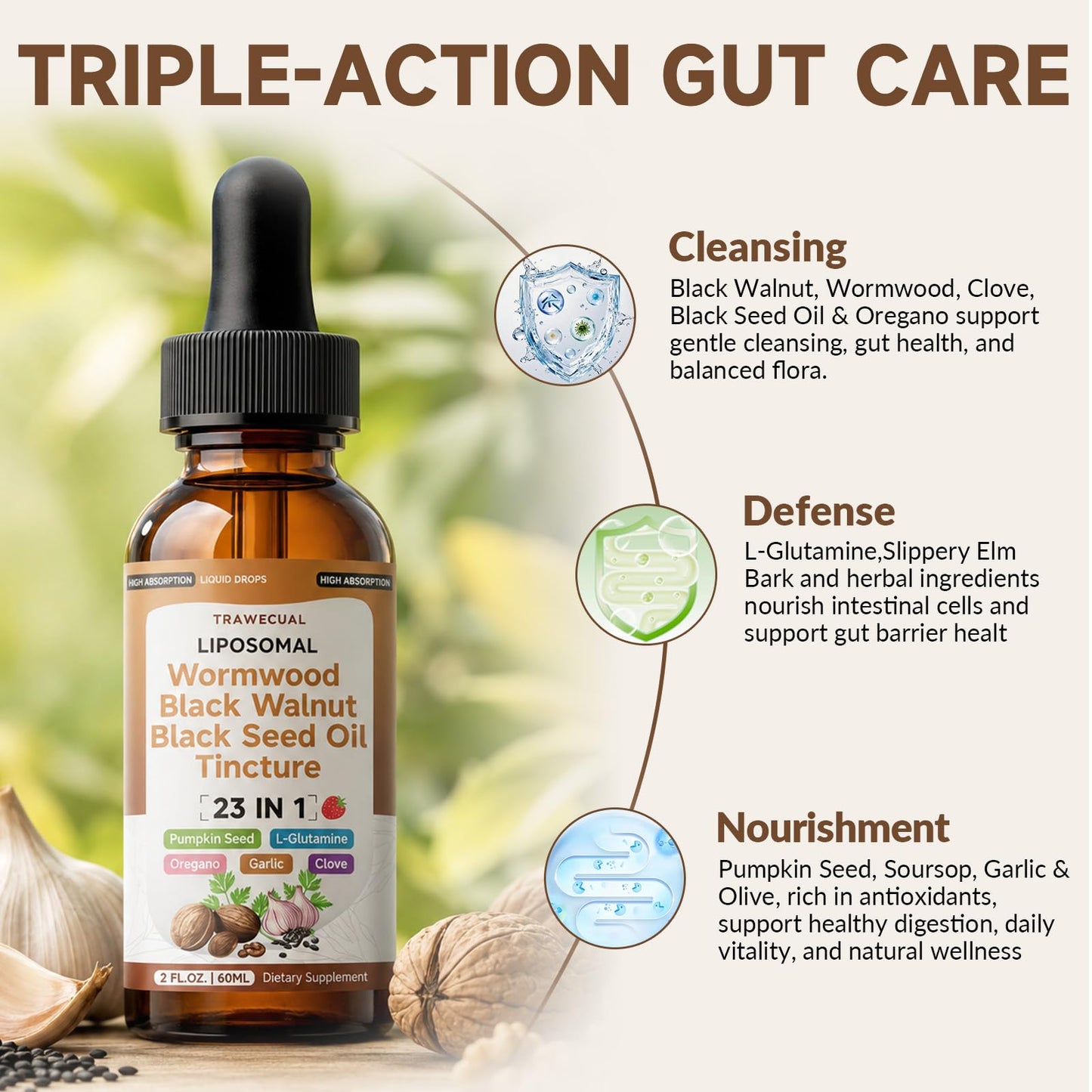 Trawecual Black Walnut Wormwood Black Seed Oil Cleanse Tincture, 23-in-1 Gentle Gut Detox & Digestive Health Support with Clove, Pumpkin Seed