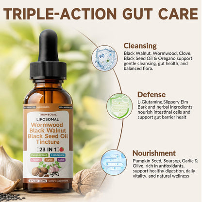 Trawecual Black Walnut Wormwood Black Seed Oil Cleanse Tincture, 23-in-1 Gentle Gut Detox & Digestive Health Support with Clove, Pumpkin Seed