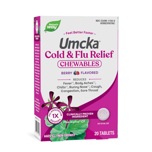 Nature’s Way Umcka Cold and Flu Relief Chewables, Non-Drowsy Multi-Symptom Relief, Homeopathic Cold Medicine & Remedy, Shortens & Reduces Severity of Colds, Berry-Flavored Cold & Flu Tablets, 20 Count Nature's Way buy supplements Au