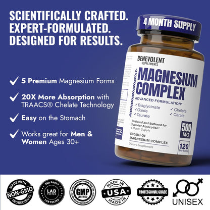 Magnesium Complex Supplement, 4 Month Supply of 500mg 5-in-1 Bisglycinate, Oxide, Taurate, Aspartate, Citrate, Max Absorption Magnesium Supplement for Calm, Sleep & Leg Cramps, 120 Capsule Benevolent Nourishment buy supplements Au