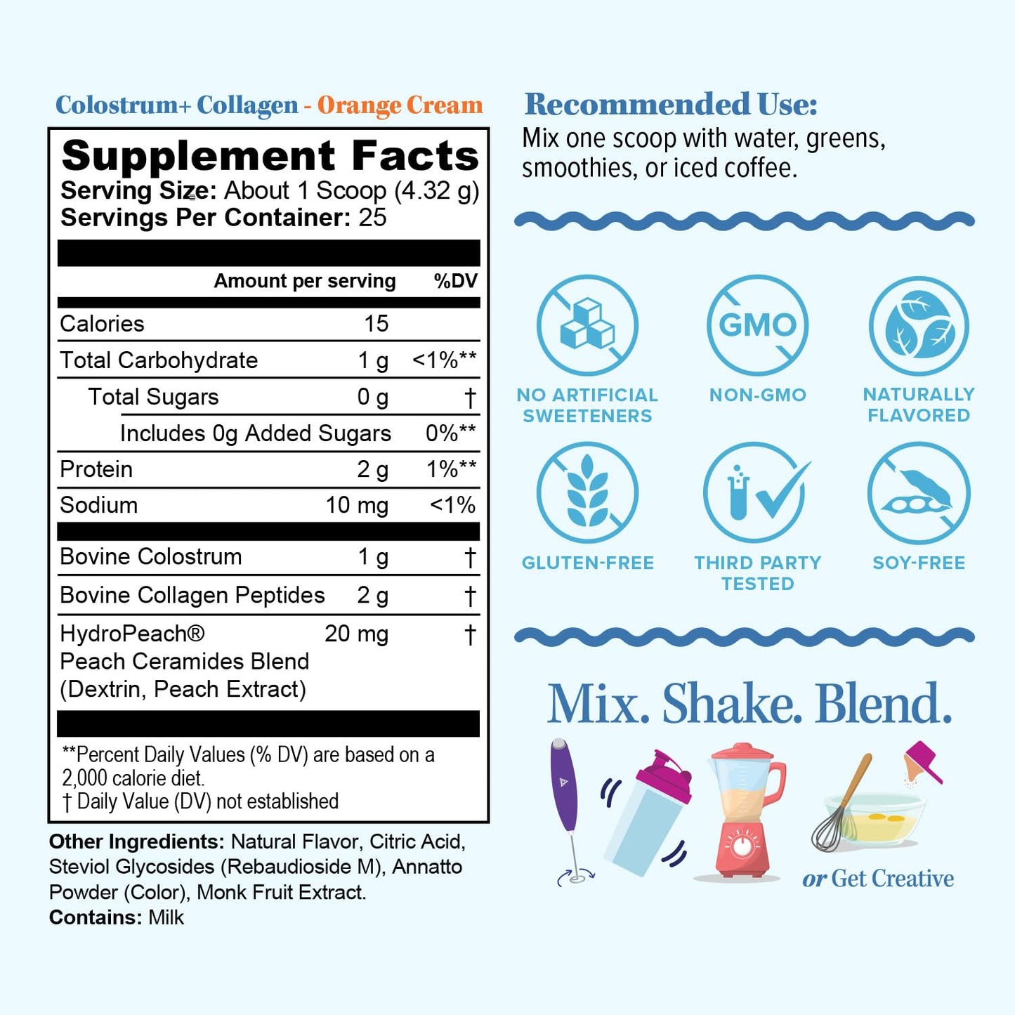 Colostrum Collagen Powder Hydrolyzed Peptide HydroPeach Gut Health Skin & Immune Support | 1g Bovine Colostrum, 2g Collagen Peptides, 20mg Peach Ceramides