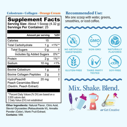Colostrum Collagen Powder Hydrolyzed Peptide HydroPeach Gut Health Skin & Immune Support | 1g Bovine Colostrum, 2g Collagen Peptides, 20mg Peach Ceramides