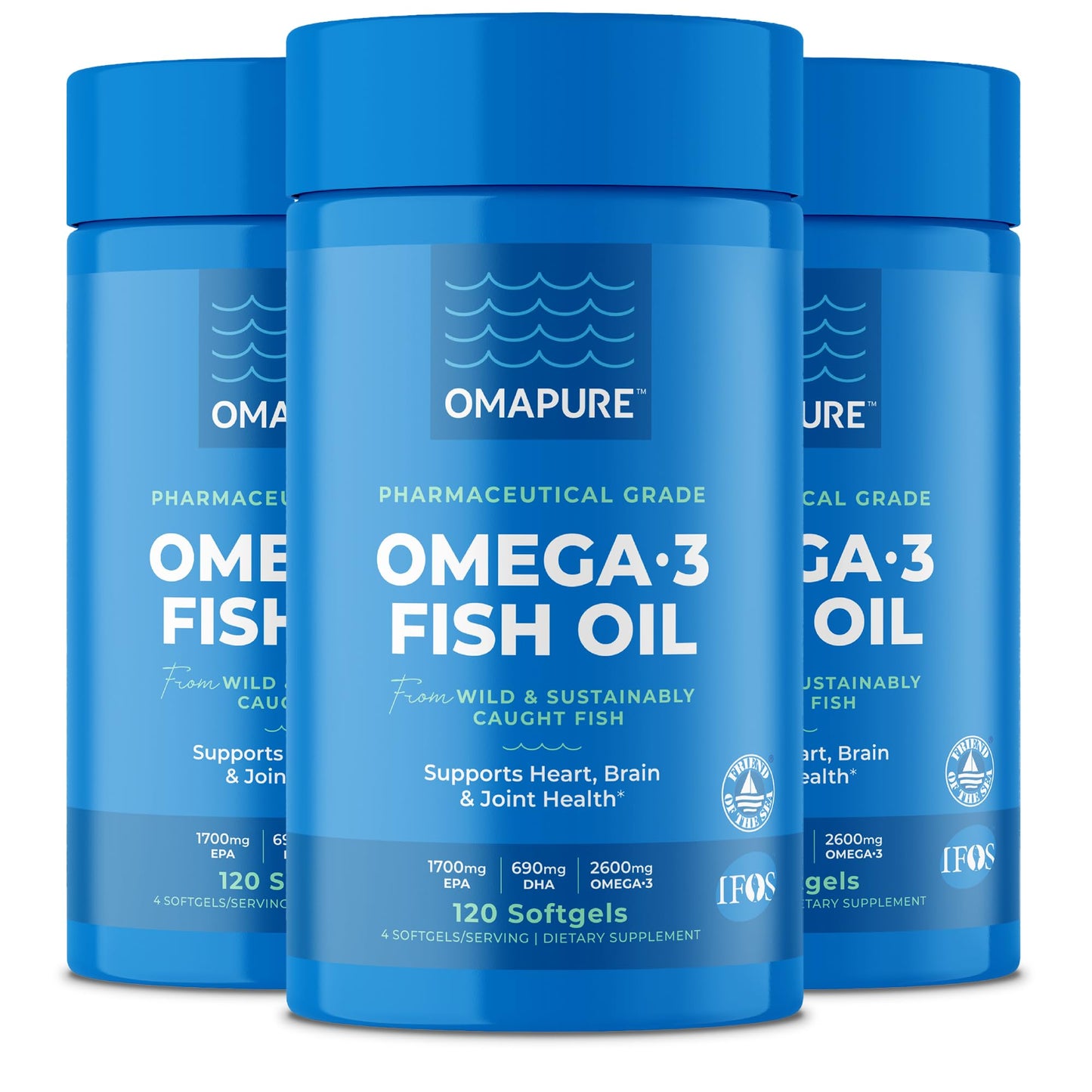 OMAPURE Fish Oil Omega 3 Supplements - Triple Strength - High EPA, DHA - IFOS Lab Tested - Supports Heart & Brain Health - Burpless Capsules - Wild Caught - (3 Bottles - 120 Softgels Per Bottle)