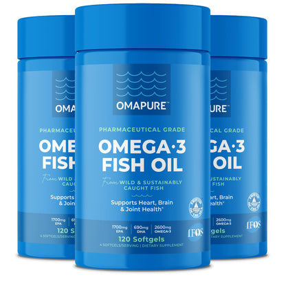 OMAPURE Fish Oil Omega 3 Supplements - Triple Strength - High EPA, DHA - IFOS Lab Tested - Supports Heart & Brain Health - Burpless Capsules - Wild Caught - (3 Bottles - 120 Softgels Per Bottle)