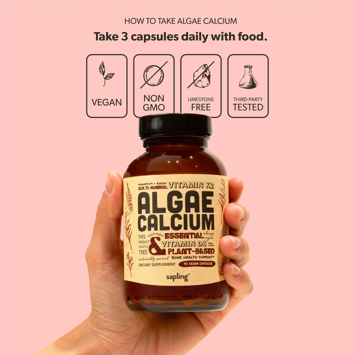 sapling Calcium Supplement - Whole Food with Vitamin K2 & D3, Magnesium, Zinc, Boron, Mineral Complex. Sourced Sustainably from Red Algae. for Bone Strength
