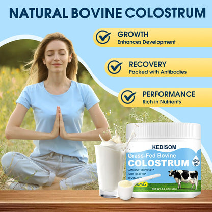 KEDISOM Grass-Fed Bovine Colostrum Supplement Powder - 60% High IgG 3000 mg for Gut Health, Immune Support - Easy to Mix Natural Liposomal