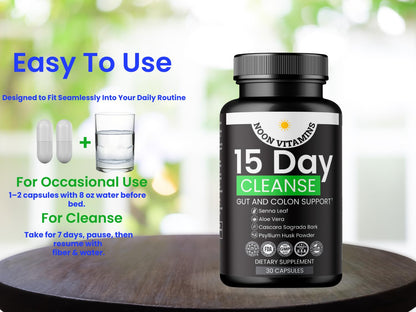 15-Day Colon Cleanse & Gut Detox – Natural Probiotic Cleanser with Senna Leaf, Psyllium & Aloe – Halal for Men & Women – Supports Digestive Health