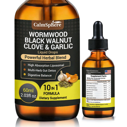 Wormwood Black Walnut Clove Garlic Liquid Drops, Liposomal Fast Absorption with Pumpkin Seed, Pau D'Arco, Berberine, Black Pepper, for Gut Digestive Health