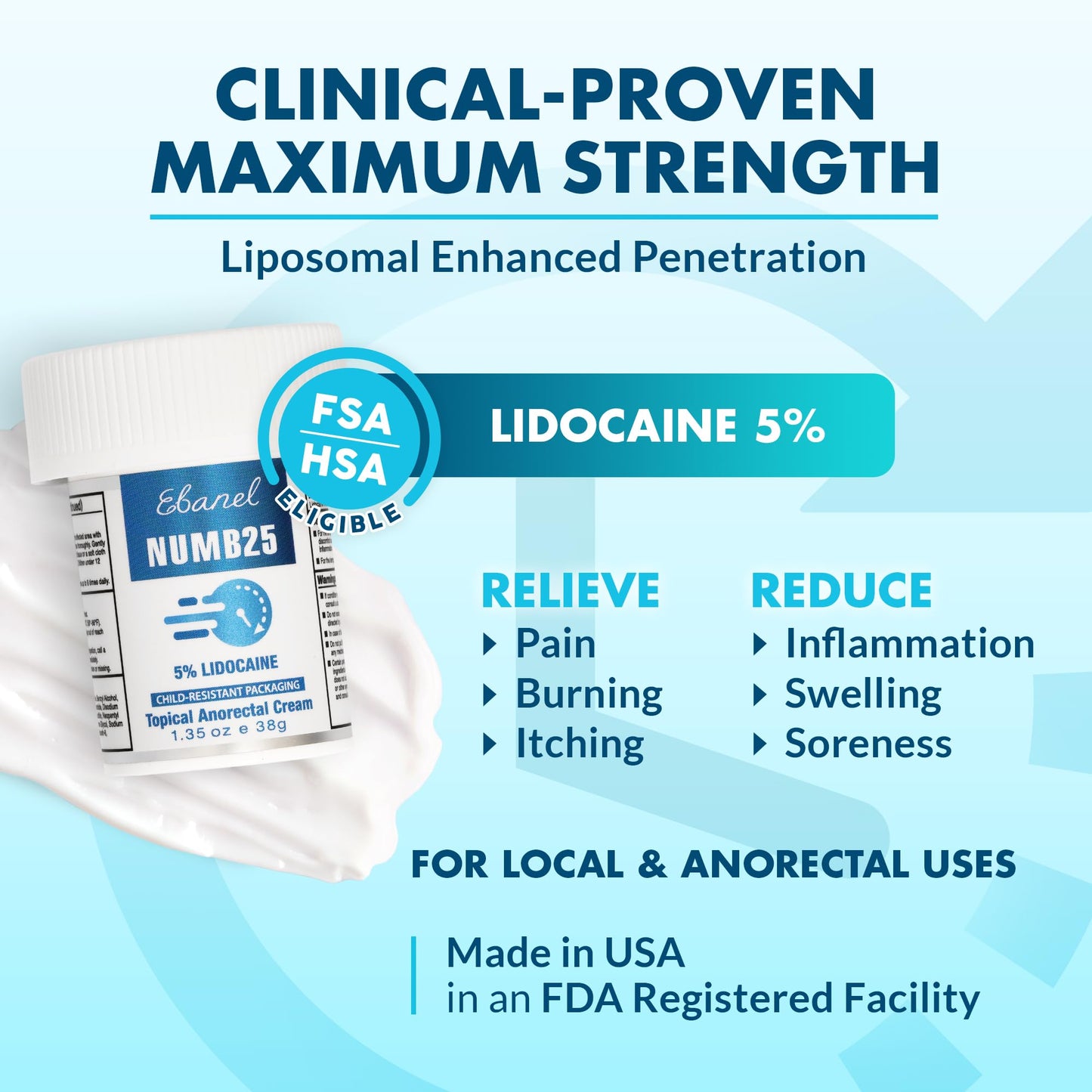Ebanel 5% Lidocaine Numbing Cream, Pain Relief Burn Itch Numb Cream, Maximum Strength Numb25 Topical Anesthetic with Allantoin, Vitamin E for Local and Anorectal Uses, Hemorrhoid Treatment, 1.35 Oz