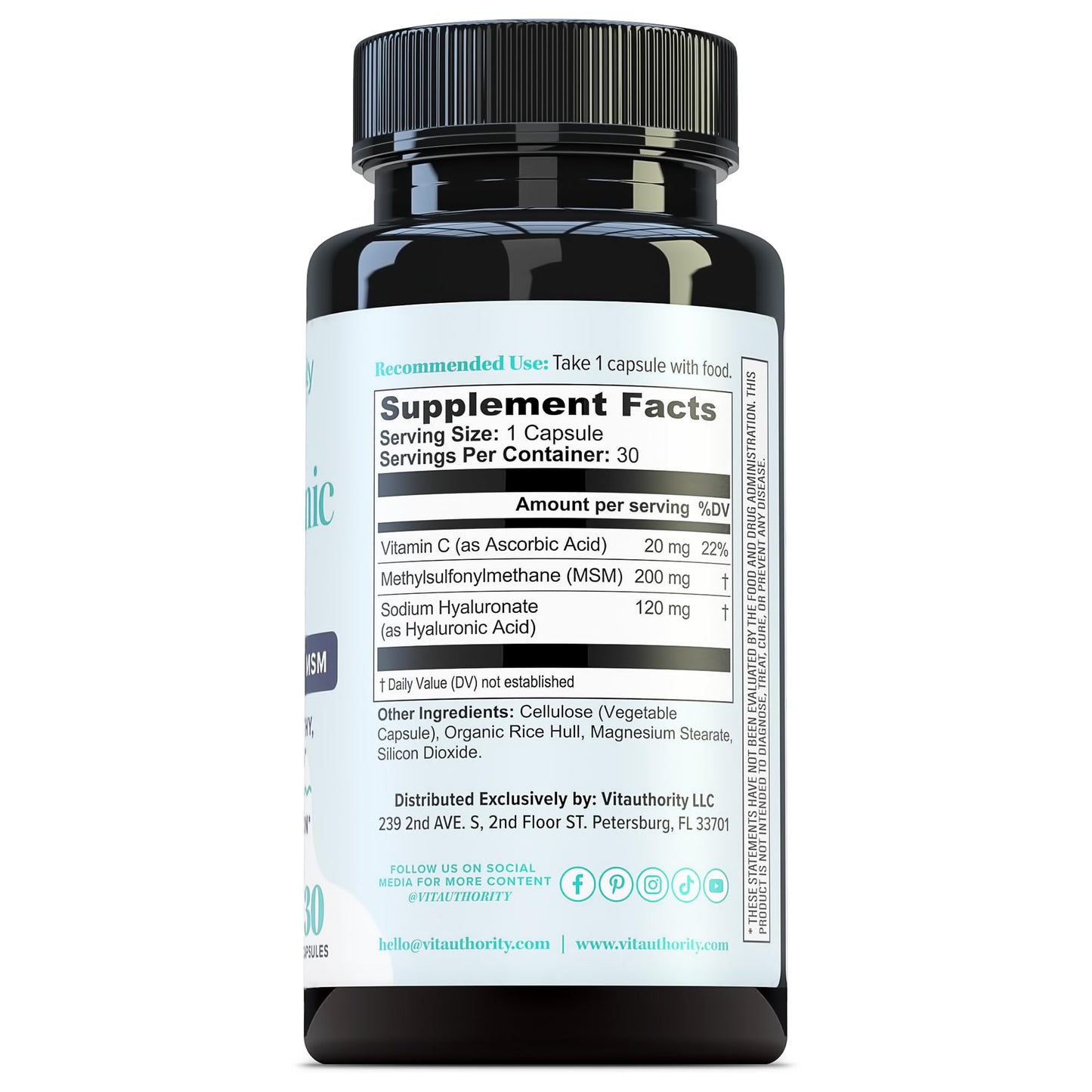 Hyaluronic Acid Capsules with MSM & Vitamin C | 120mg Sodium Hyaluronate | Skin Hydration, Elasticity & Collagen Support | Vegan, Non-GMO