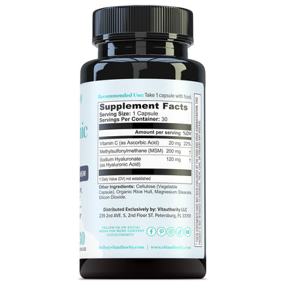 Hyaluronic Acid Capsules with MSM & Vitamin C | 120mg Sodium Hyaluronate | Skin Hydration, Elasticity & Collagen Support | Vegan, Non-GMO