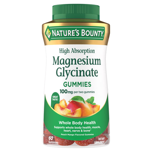 Nature’s Bounty High Absorption Magnesium Glycinate Gummies, 100 mg Magnesium Per Serving, Whole Body Health, No Stick Gummy, Peach Mango Flavor