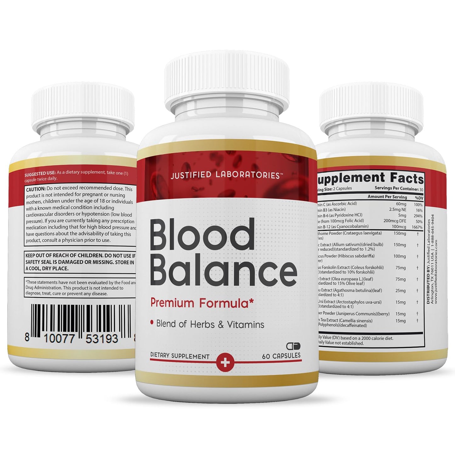 Justified Laboratories Blood Balance - 60 Capsules, Pack of 2 - Advanced Circulatory Support Formula with a Blend of Herbs & Vitamins - 60 Servings