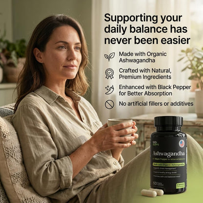 100 Supps Ashwagandha Capsules with Black Pepper Extract 4:1 (10mg), Made with Organic Ashwagandha Powder, 1200mg per Serving, 60 Veggie Capsules