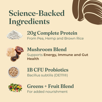 Four Sigmatic Organic Plant-Based Protein Powder | Clean Vegan Protein Elevated with Lion’s Mane, Chaga, Cordyceps and More for Brain Function and Immune Support | Creamy Cacao, 21.16 oz