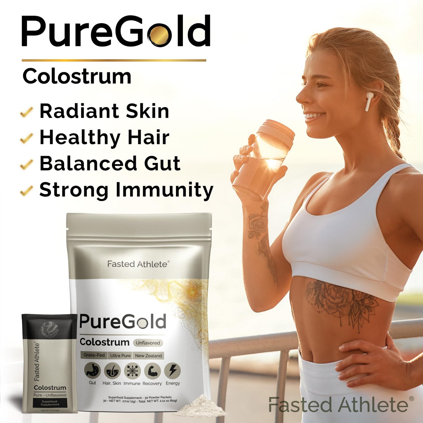 PureGold - Bovine Colostrum Powder - 100% Pure New Zealand Grass Fed, Supports Gut Health, Skin, Hair, & Immunity