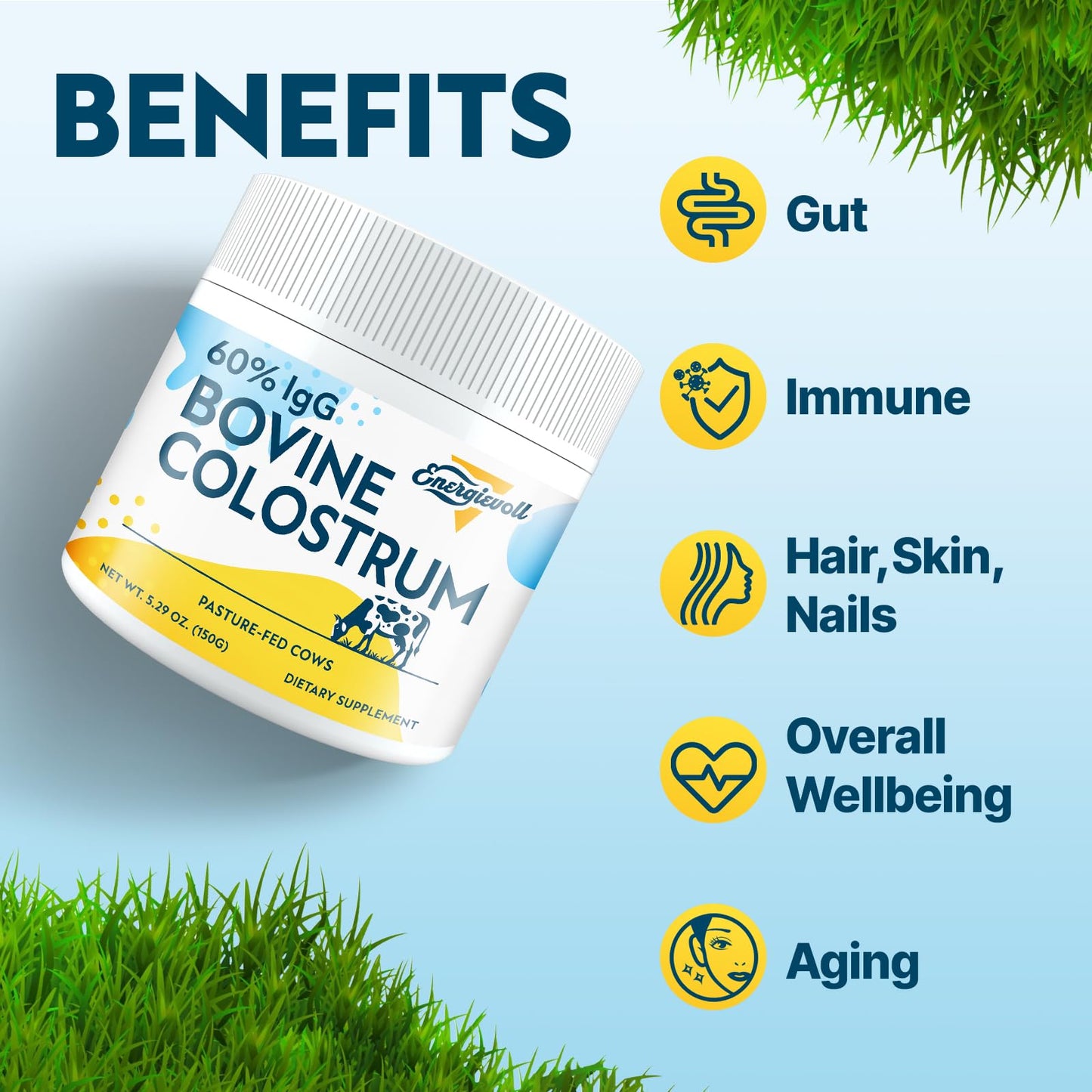 Energievoll Bovine Colostrum Supplement Powder - 60% IgG 3000 mg for Gut, Hair Growth, Beauty, and Immune, Easy to Mix, Unflavored (50 Servings)