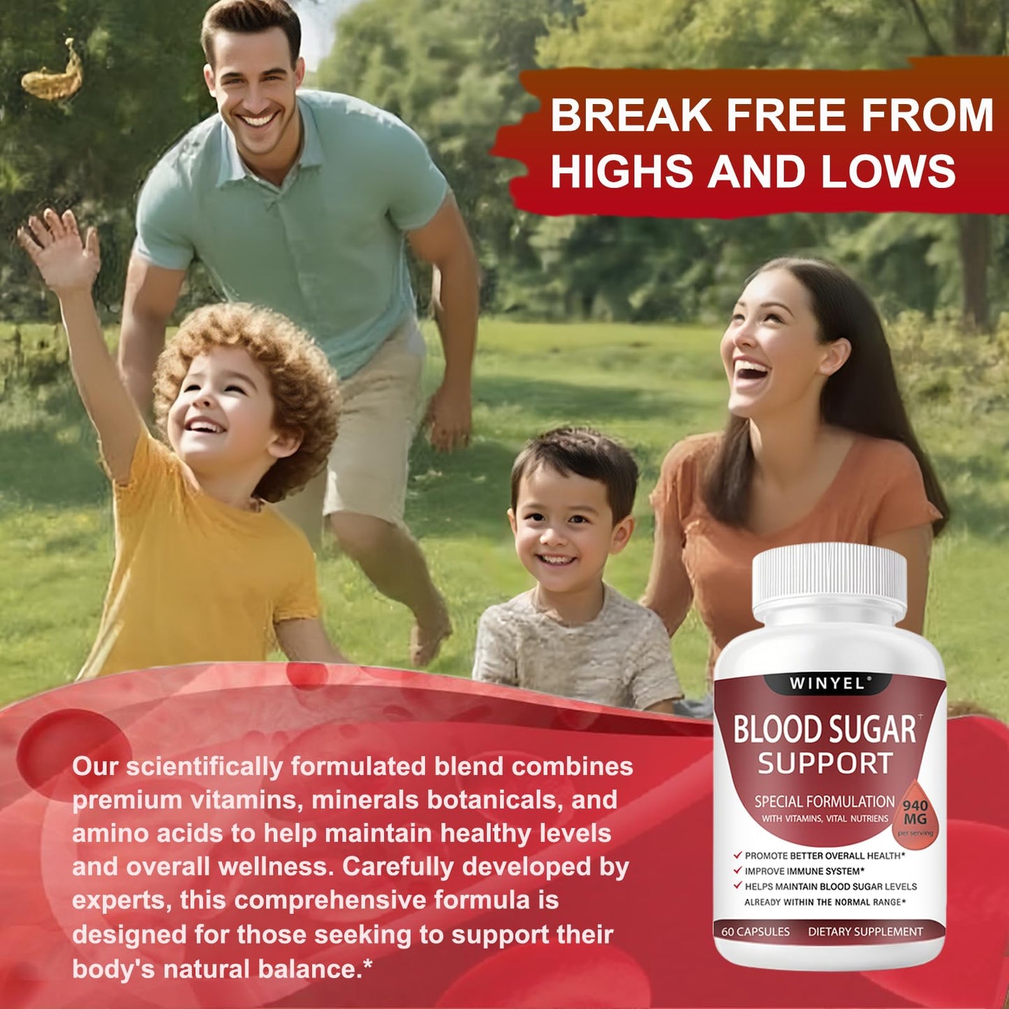 WINYEL Blood Sugar Complex Supplement - with Cinnamon, Bitter Melon, Chromium, Mulberry, Alpha Lipoic Acid, 60 Capsules