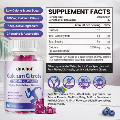 duwhot Calcium Citrate Gummies, Chewable Calcium Citrate 1000mg For Bone, Muscle & Immune Support, High Absorption Calcium Supplements for Women & Men