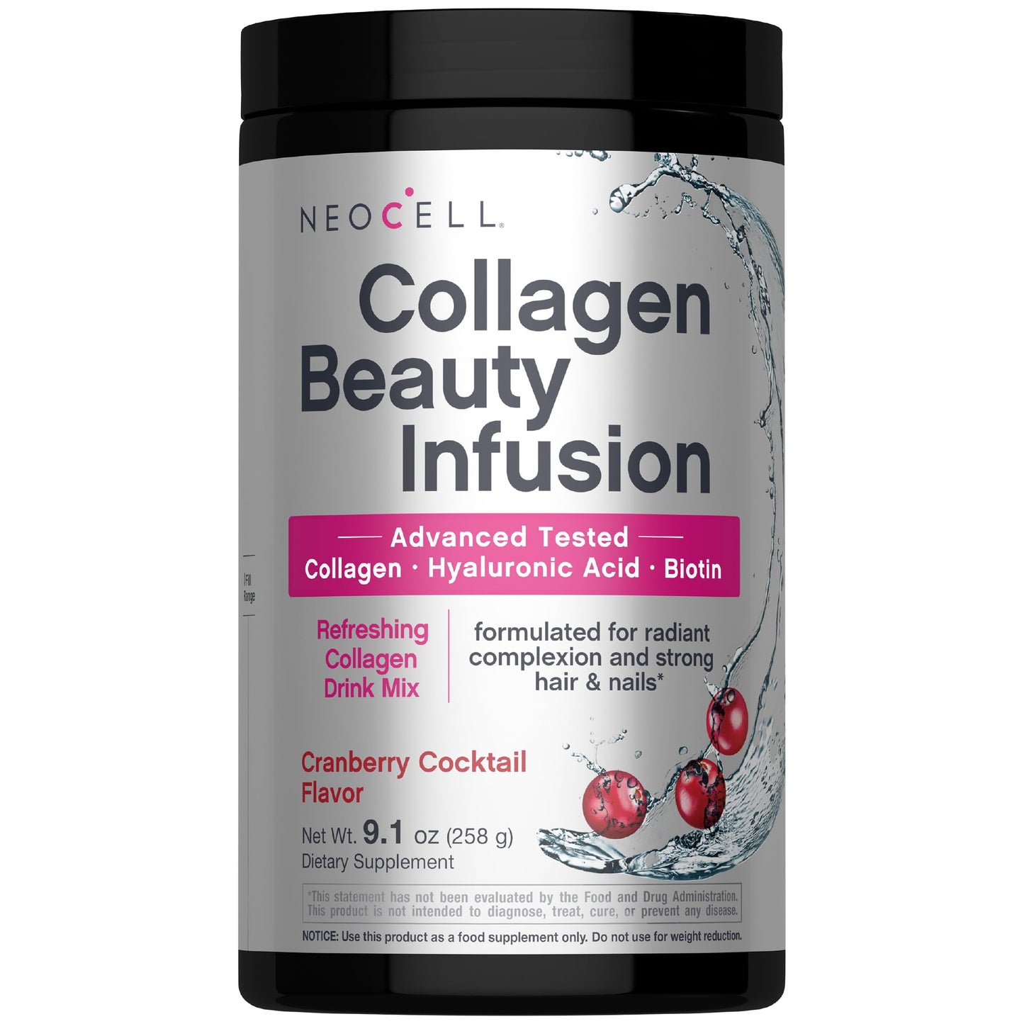 NeoCell Collagen Peptides Powder | 9.1 oz | Grass Fed Bovine | with Biotin and Hyaluronic Acid | Cranberry Cocktail Flavored