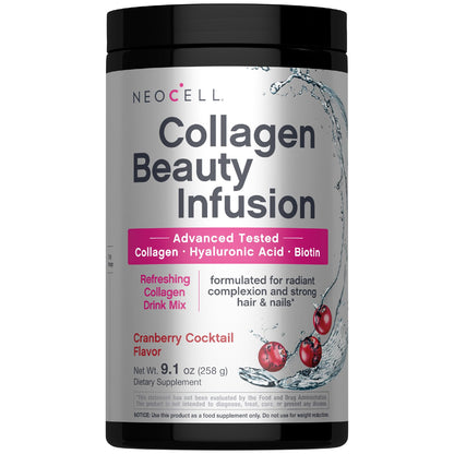 NeoCell Collagen Peptides Powder | 9.1 oz | Grass Fed Bovine | with Biotin and Hyaluronic Acid | Cranberry Cocktail Flavored