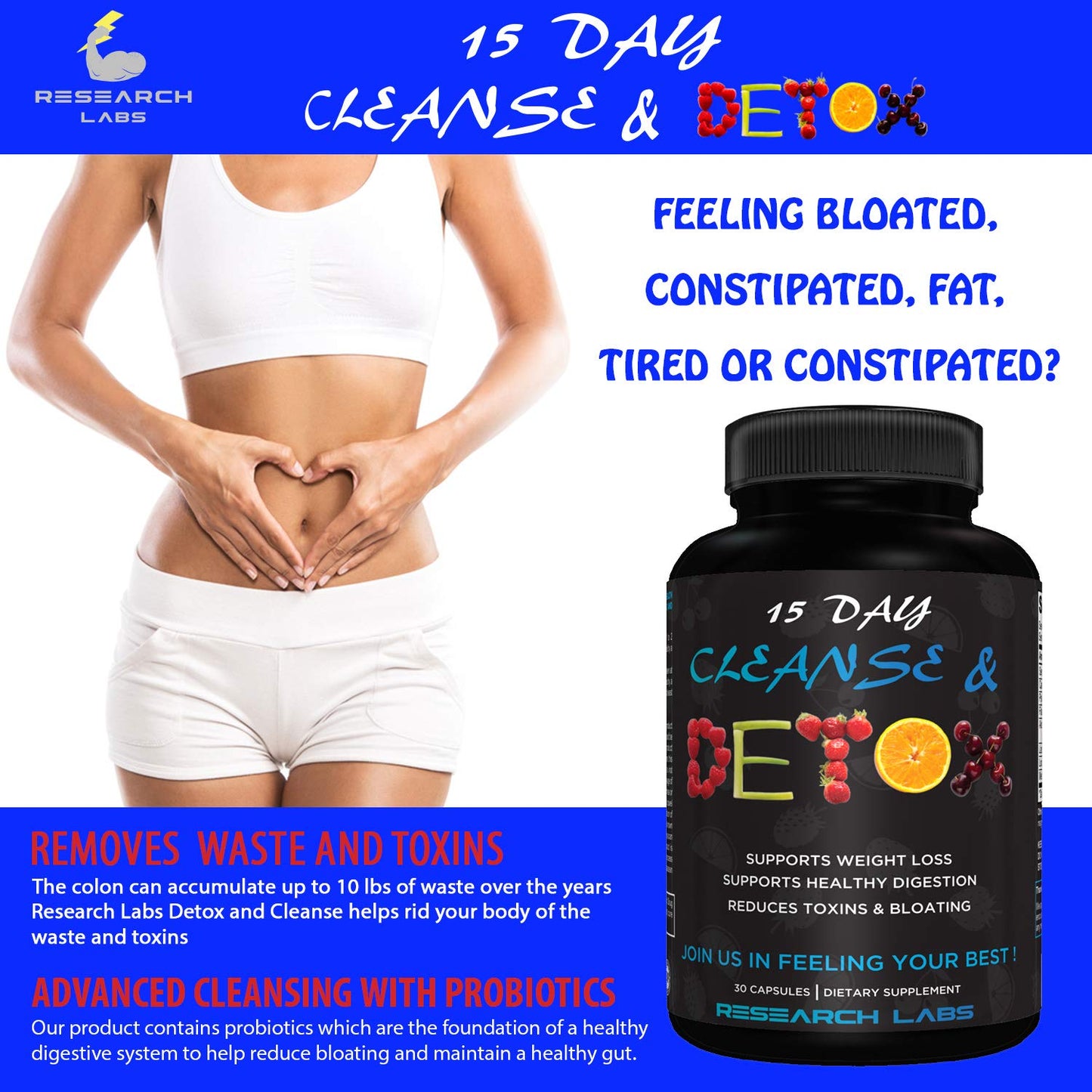 Research Labs 15 Day Colon Cleanse & Detox for Less Bloat Flat Tummy w/Probiotics - 2 Fer 1 - Constipation Relief - Flushes Toxins, Boosts Energy.