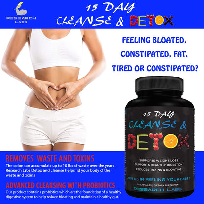 Research Labs 15 Day Colon Cleanse & Detox for Less Bloat Flat Tummy w/Probiotics - 2 Fer 1 - Constipation Relief - Flushes Toxins, Boosts Energy.