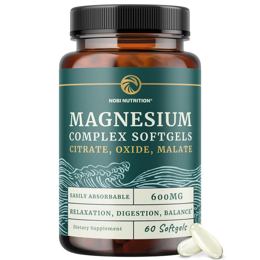 Bottle of Nobi Nutrition Magnesium Complex Softgels on a white background