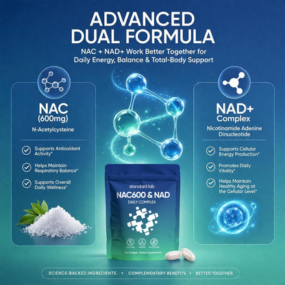 AMOQUCT Standard Lab NAC 600mg & NAD+ Daily Complex Capsules, NAC Supplement with NAD for Antioxidant, Cellular Energy and Immune Support, Daily Wellness Formula