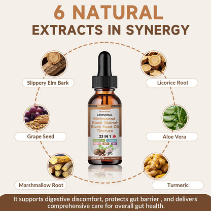 Trawecual Black Walnut Wormwood Black Seed Oil Cleanse Tincture, 23-in-1 Gentle Gut Detox & Digestive Health Support with Clove, Pumpkin Seed