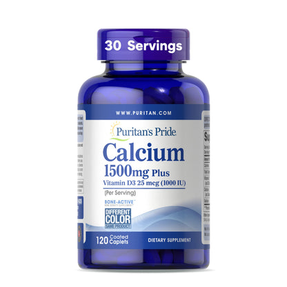 Puritan's Pride Absorbable Calcium 1500 mg Plus Vitamin D3 25mcg 1000 IU, Dietary Supplement for Bone Strength, Heart, Nerve, Muscle