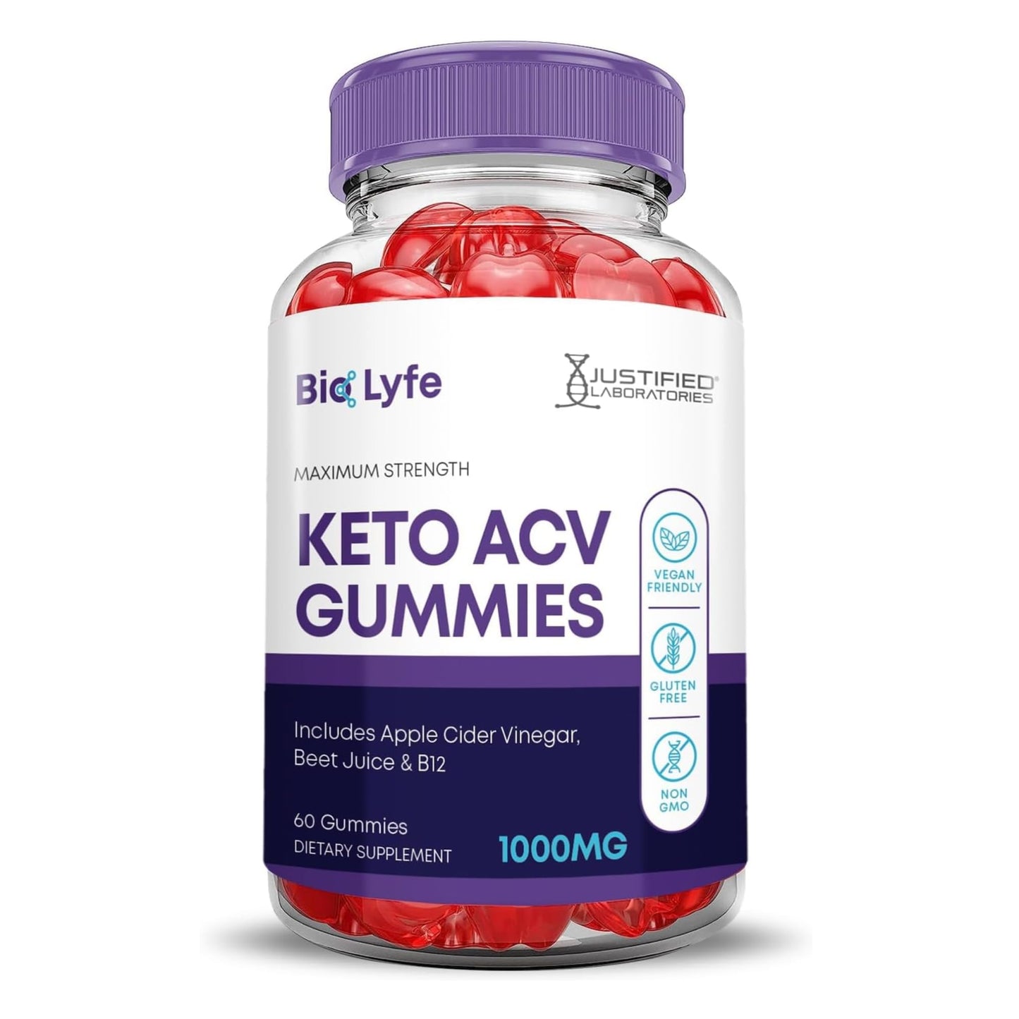 Justified Laboratories Bio Lyfe Keto ACV Gummies (1000 mg) - 60 Count - Formulated with Apple Cider Vinegar, Folate & Vitamin B12